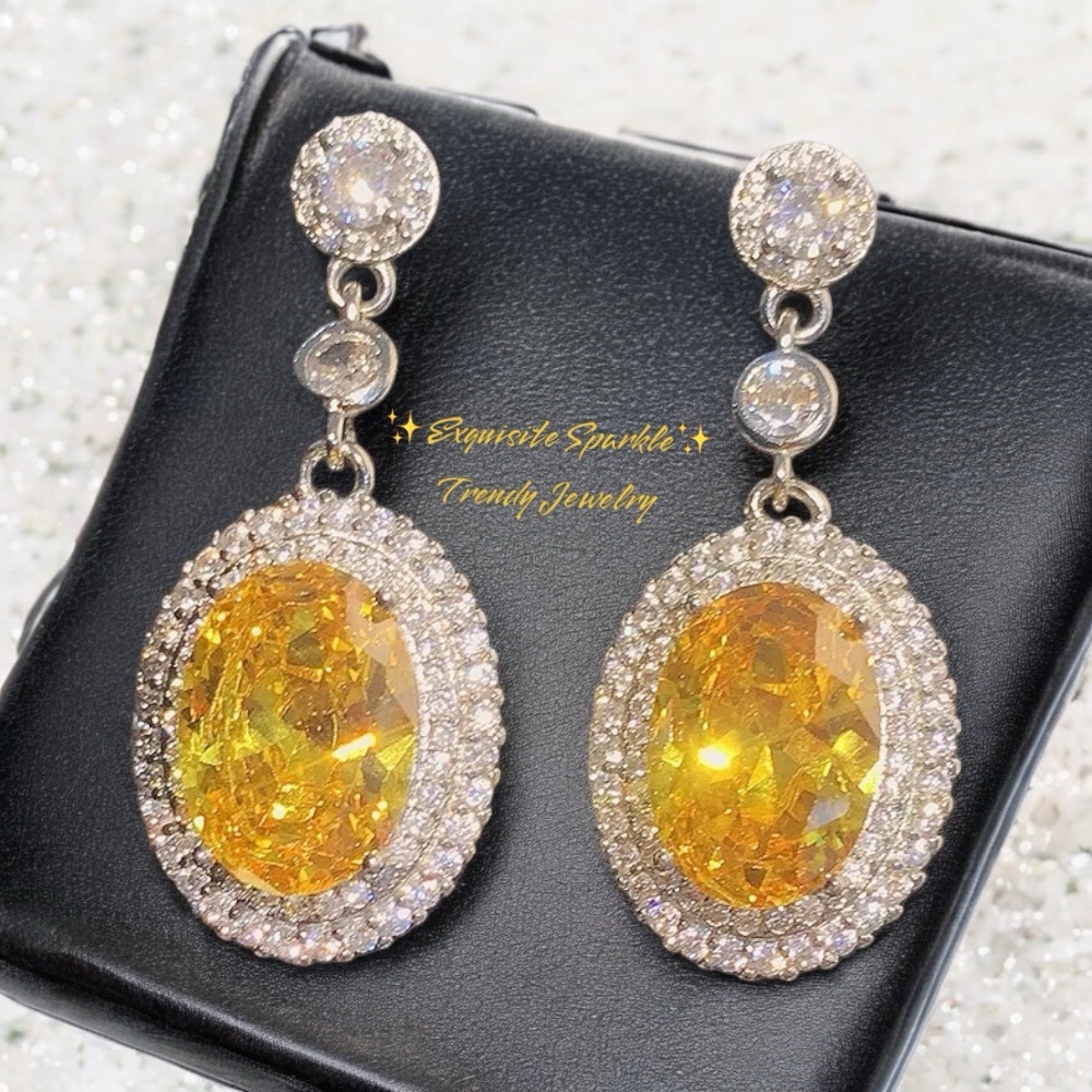 💛White & Canary Yellow CZ Diamond Halo Earrings